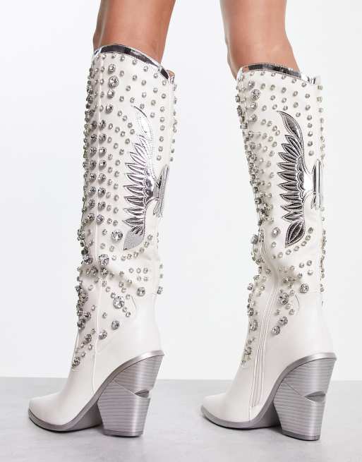 Azalea Wang - Upbeat - Bottes hauteur genou style western ornementées - Blanc, 2 de 4