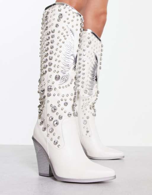 Azalea Wang - Upbeat - Bottes hauteur genou style western ornementées - Blanc, 4 de 4
