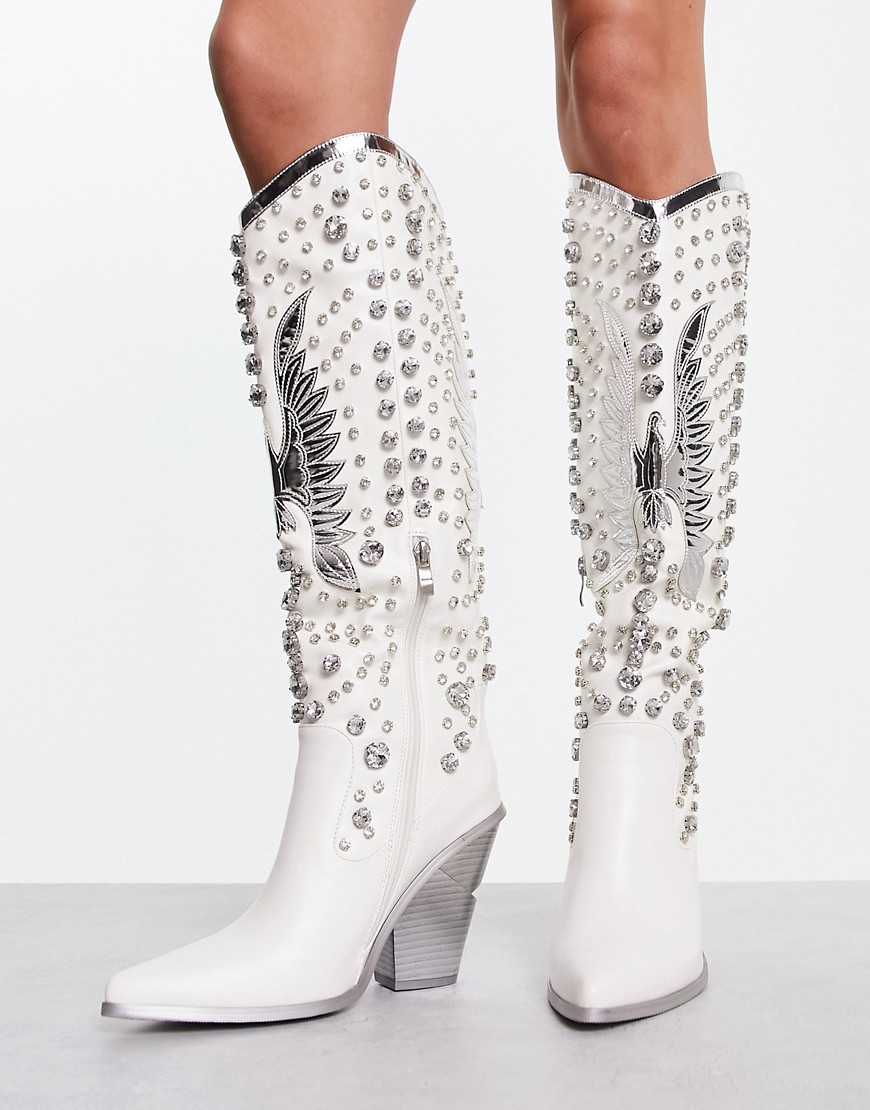 Azalea Wang Upbeat embellished western knee boot in white