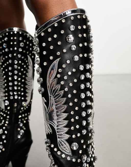 Azalea Wang - Upbeat - Stivali al ginocchio stile western neri con decorazioni, 3 di 4