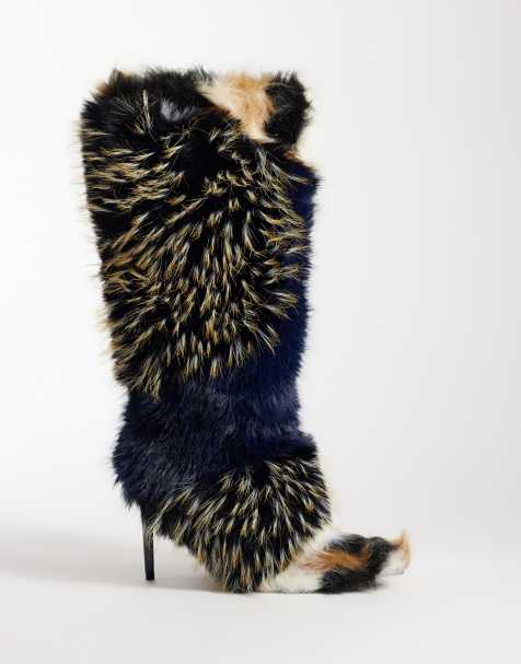 Azalea Wang Upendo stiletto heel faux fur knee boots in navy multi - view 1