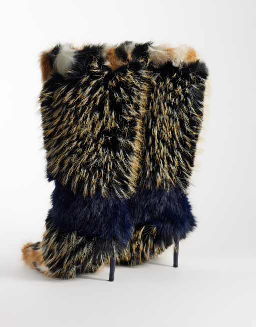 Azalea Wang Upendo stiletto heel faux fur knee boots in navy multi, 2 of 4