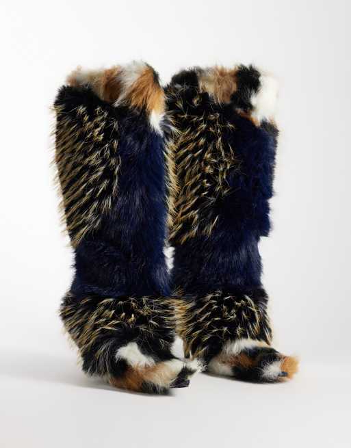 Azalea Wang Upendo stiletto heel faux fur knee boots in navy multi, 4 of 4