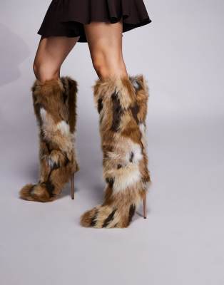 Azalea Wang - Upsetter - Kniehohe, mehrfarbige Stiefel aus Kunstpelz mit Stilettoabsatz-Bunt