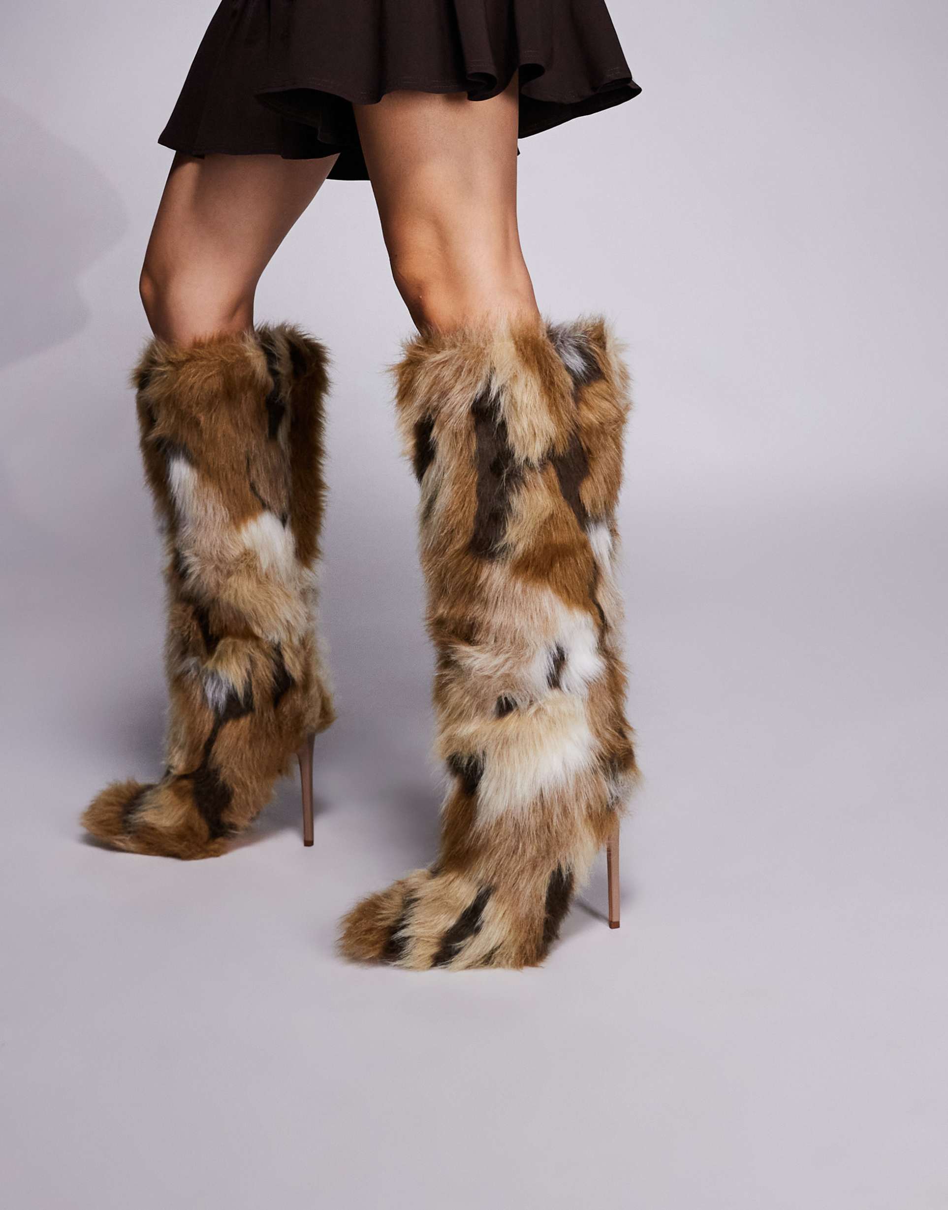 azalea wang upsetter stiletto heel faux fur knee boots in multi