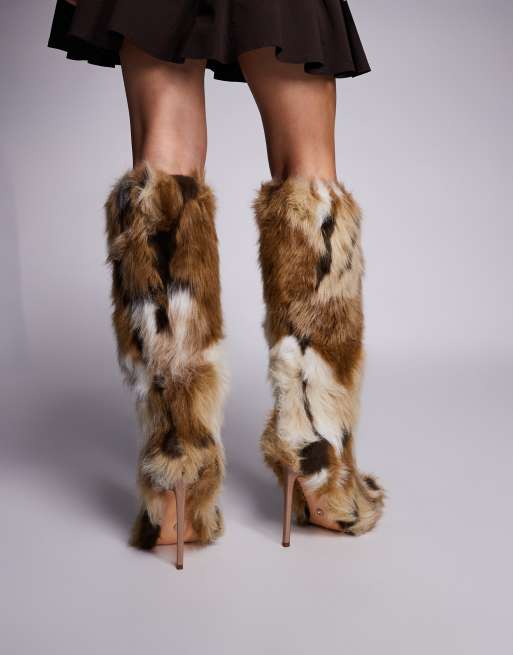 Azalea Wang Upsetter stiletto heel faux fur knee boots in multi