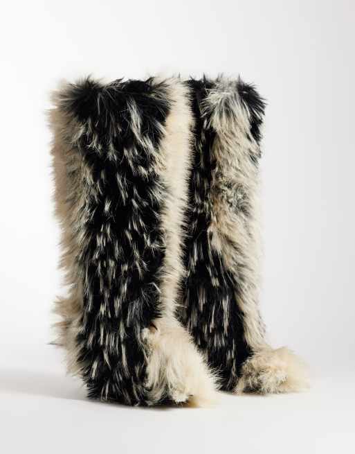 Azalea Wang Upstarter stiletto heel faux fur knee boots in beige multi, 2 of 4