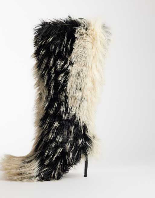 Azalea Wang Upstarter stiletto heel faux fur knee boots in beige multi, 3 of 4
