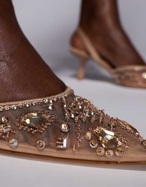 Azalea Wang Valeriy kitten heel embroidered heeled shoes in neutral, 2 of 4
