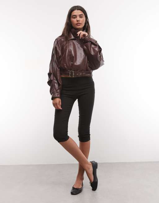 Azalea Wang veste biker courte en PU bordeaux, 2 de 4