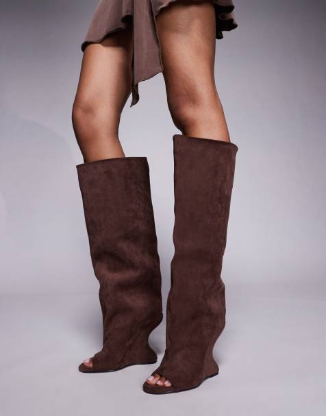 Azalea Wang Vincent wedge heel knee boots in brown faux suede - view 1