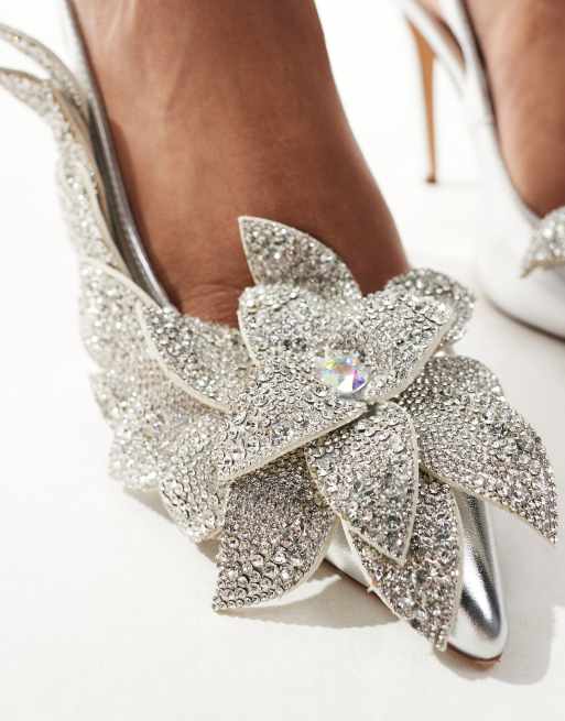Azalea Wang Weatherly floral embellished heeled shoes in silver, 2 of 4