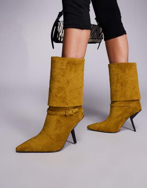 Azalea Wang Winding foldover heeled ankle boots in olive faux suede - view 1