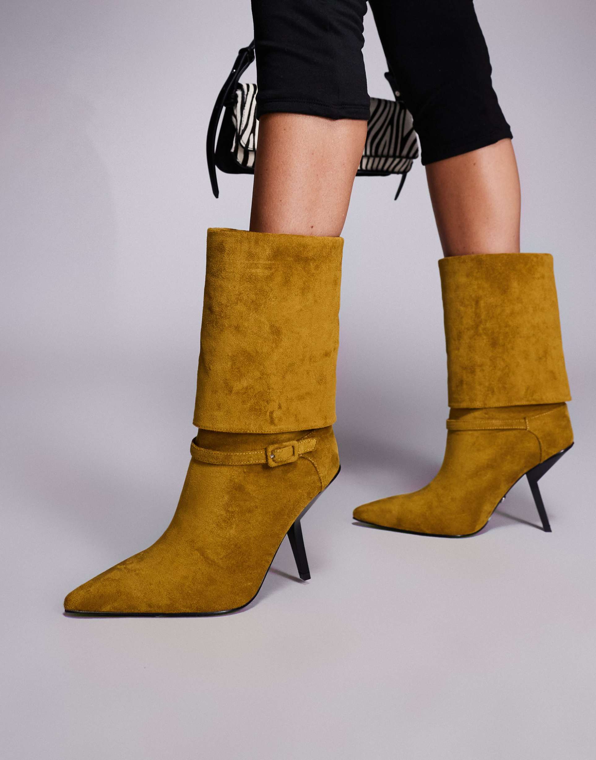 azalea wang winding foldover heeled ankle boots in olive faux suede