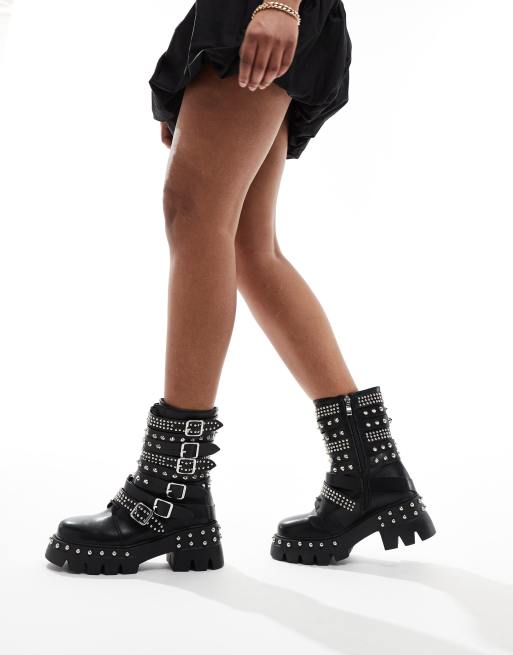 Azalea Wang Winola studded buckle chunky ankle boots in silver ASOS