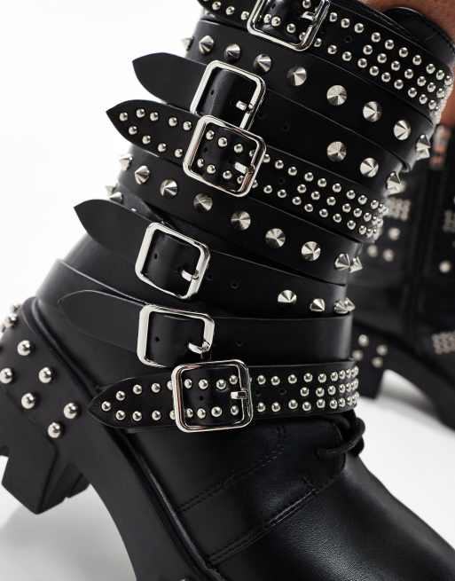 Black buckle studded boots best sale