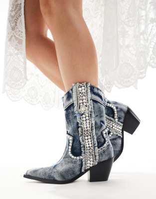 Yannic western ankle boots in washed denim-Blue