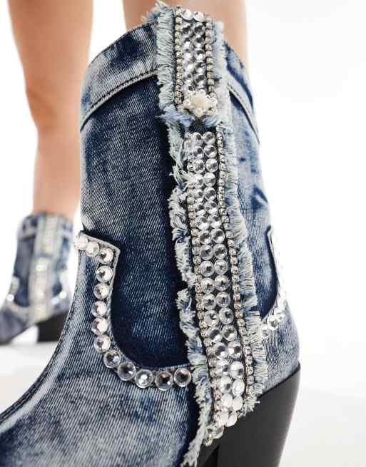 Azalea Wang Yannic western ankle boots in washed denim