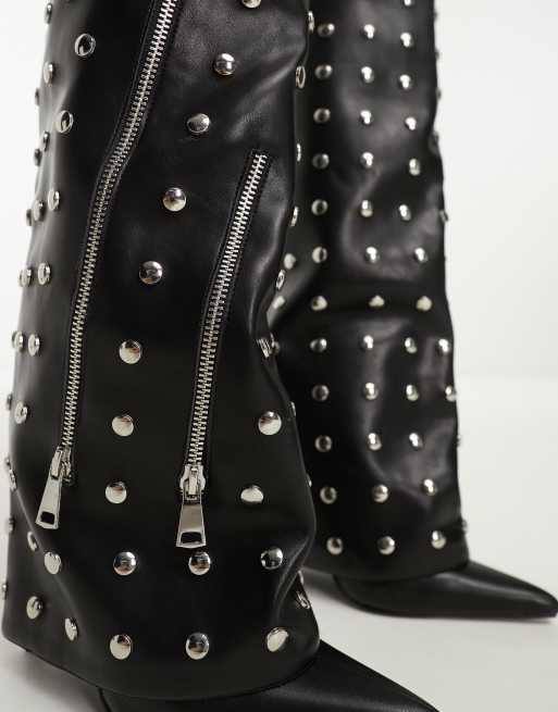 Azalea Wang Yoshino foldover studded knee boot in black, 3 of 4