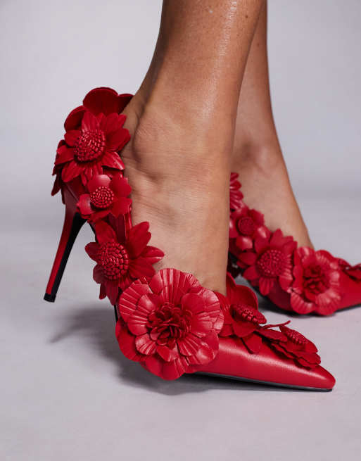 Azalea Wang - Zarah - Scarpe décolleté rosse decorate a fiori, 3 di 4