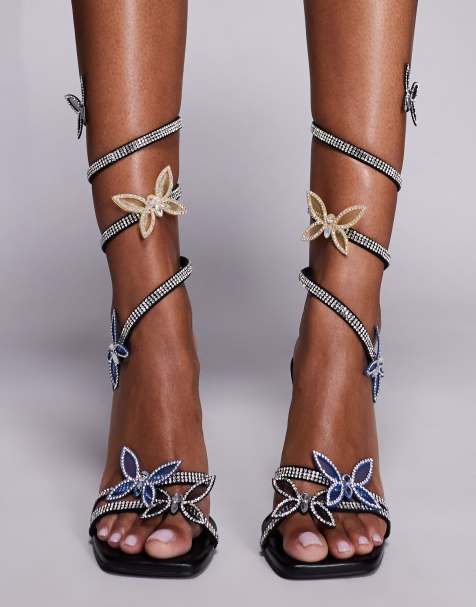 Azalea Wang Zarya spiral high heeled sandal with butterflies in black - view 1