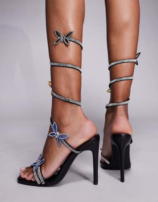 Azalea Wang Zarya spiral high heeled sandals with butterflies in black, 3 of 4