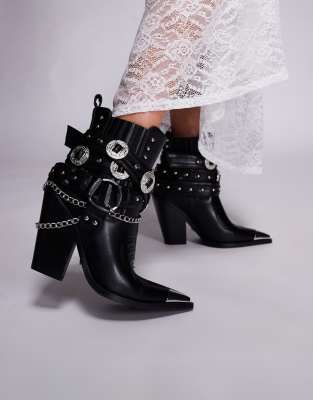 Azales Wang Riggins buckle chunky ankle western boots in black