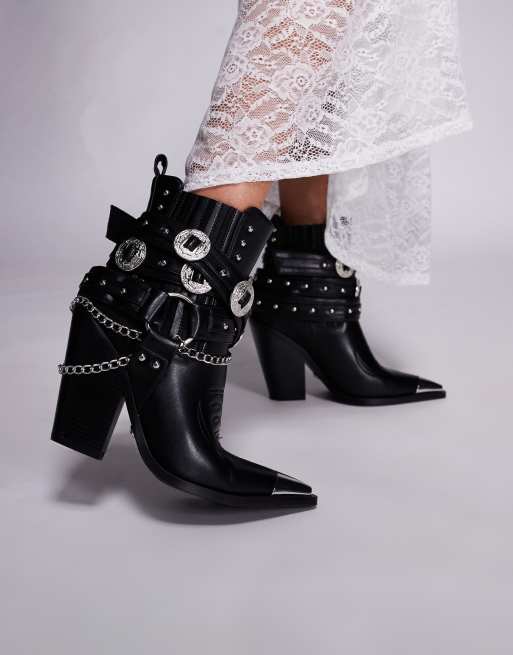 Azales Wang - Riggins - Stivaletti stile western neri con suola spessa e fibbie