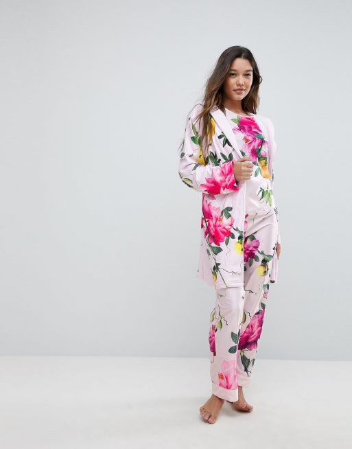 Topshop satin bloom print piped shirt and pants pajama set in