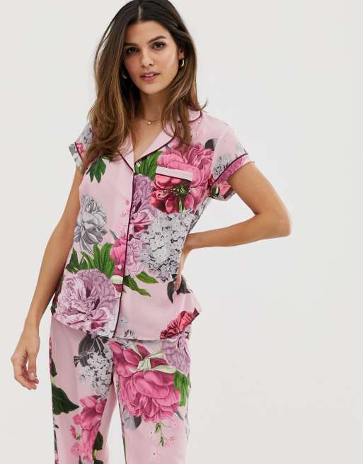 B By Ted Baker Palace Gardens floral print short sleeve revere pyjama top in light pink