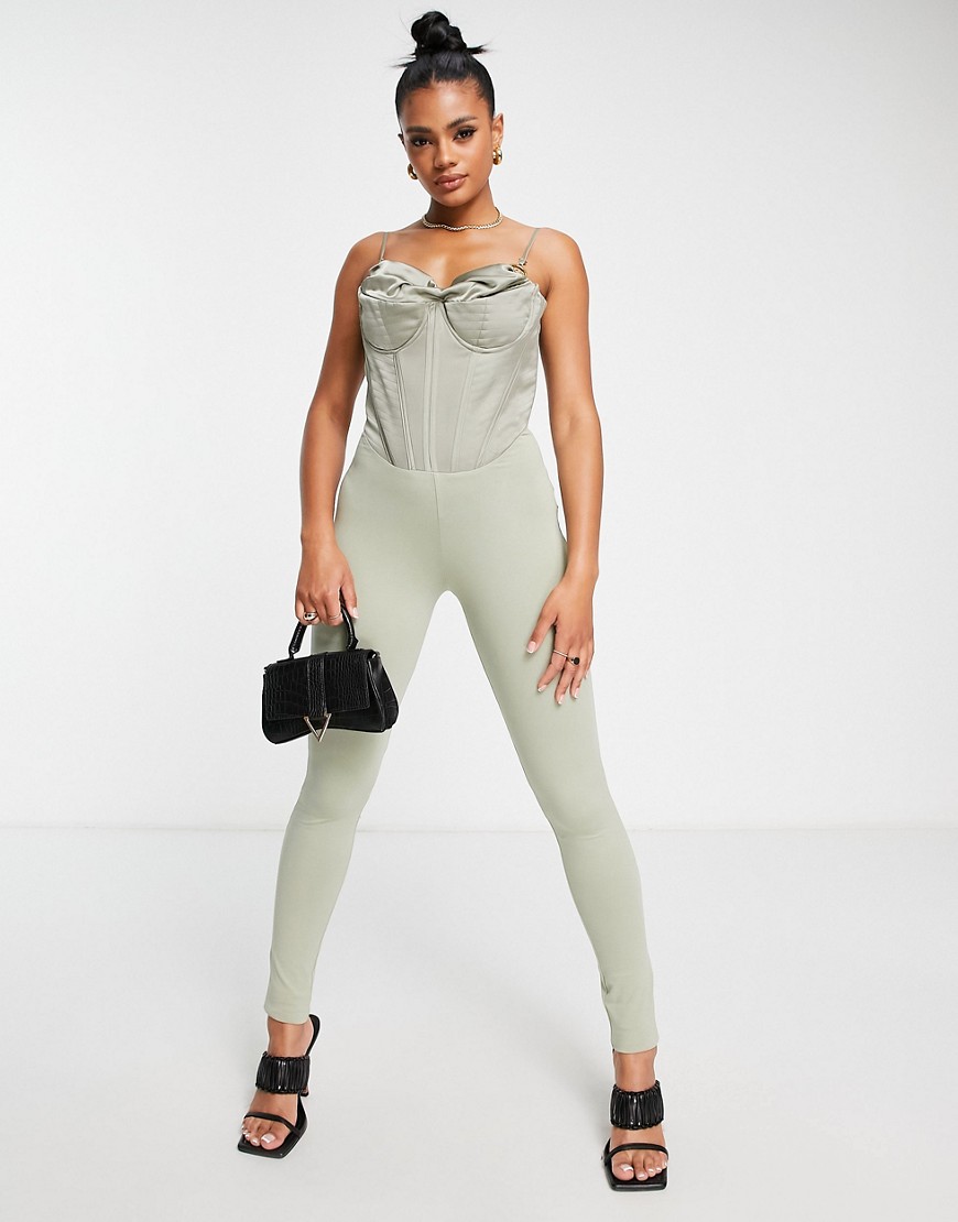 Bad Society Club satin corset top skinny jumpsuit in sage-Green