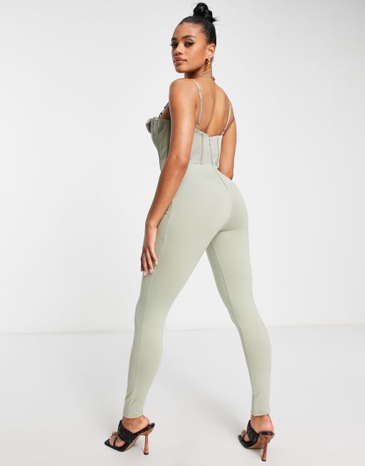 Bad Society Club satin corset top skinny jumpsuit in sage