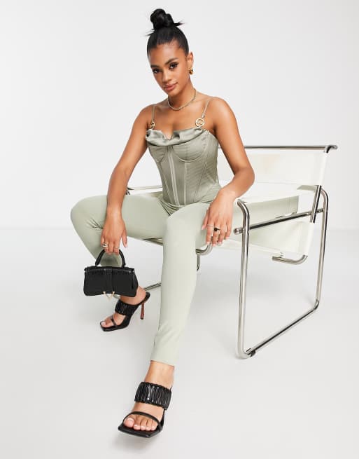 Bad Society Club satin corset top skinny jumpsuit in sage