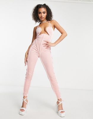 velvet strappy bust cutout jumpsuit in pink