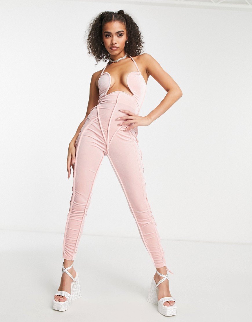 velvet strappy bust cutout jumpsuit in pink