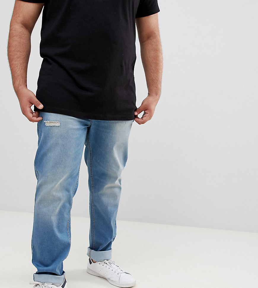 BadRhino Big – Mellanblå stretchiga slim jeans med revor och lagningar