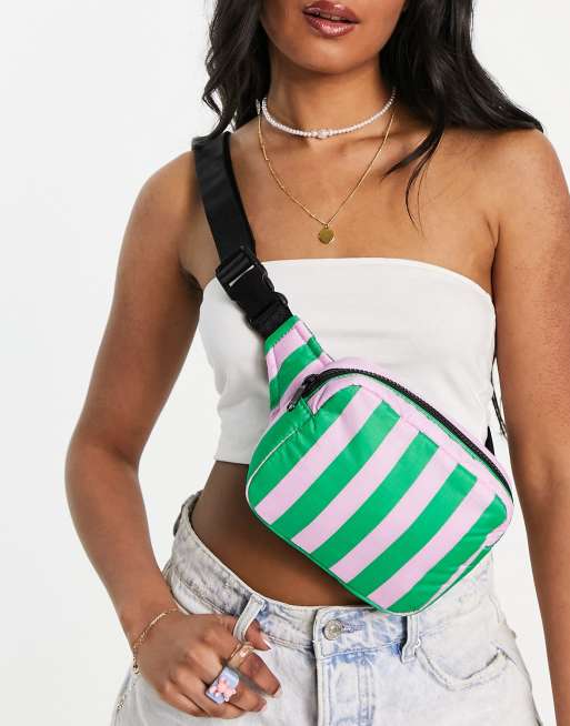 Baggu - Borsa a tracolla rosa e verde a righe