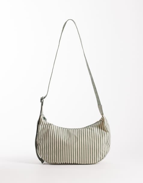 Baggu medium nylon crescent bag in sage stripe - view 1