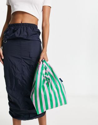 Baggu mini nylon shopper tote bag in pink green awning stripe