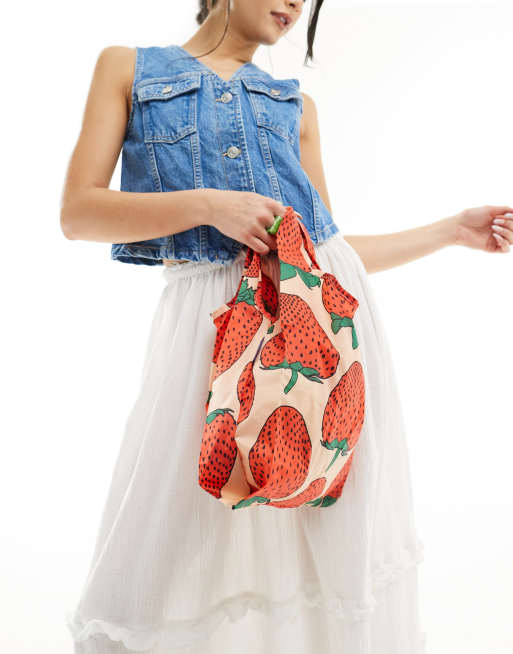 Baggu mini nylon shopper tote bag in strawberry