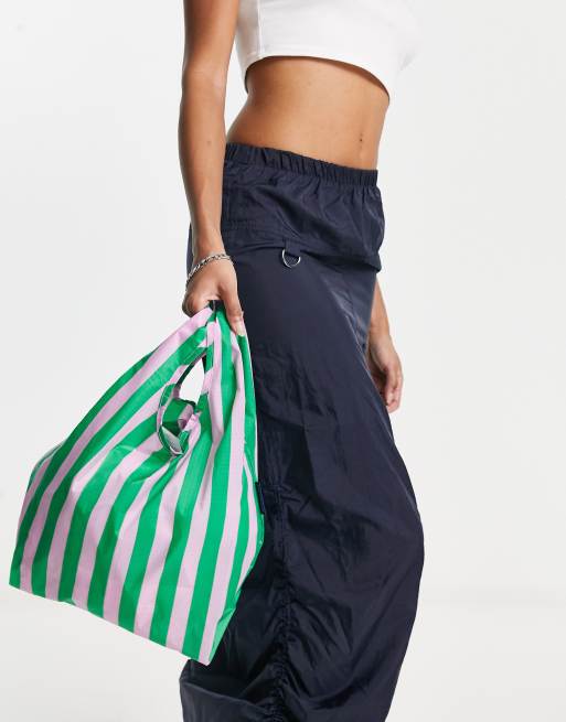 Baggu - Mini-shopper van nylon in roze met groene strepen, 4 van 4