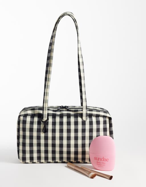 Baggu nylon bowler shoulder bag in black and cream gingham, 2 of 4