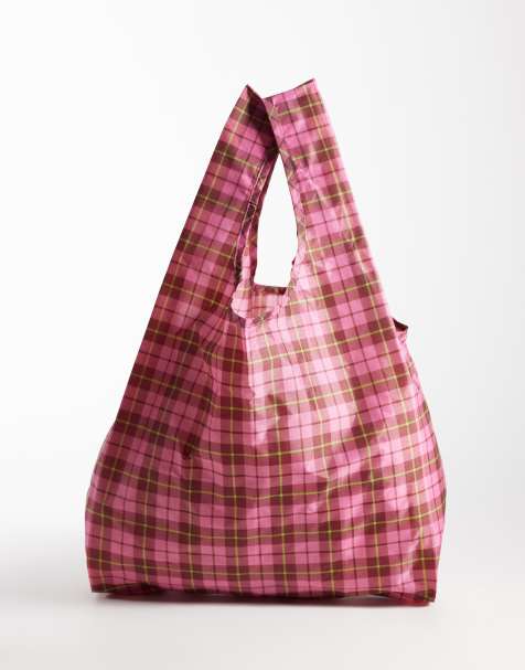 Baggu nylon shopper bag in Azalea pink tartan - view 1