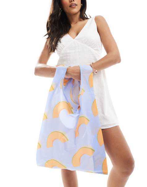 Baggu nylon shopper tote bag in canteloupe melon print