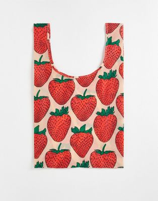 Baggu nylon shopper tote bag in strawberry print in beige | ASOS
