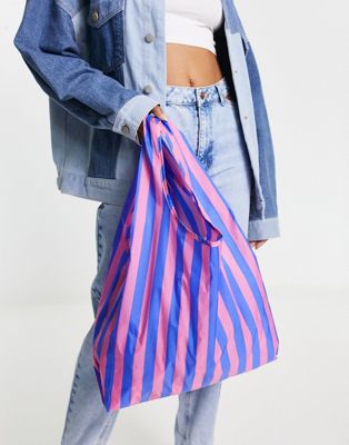 Baggu standard nylon shopper tote bag in blue pink awning stripe