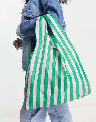 Baggu standard nylon shopper tote bag in pink green awning stripe