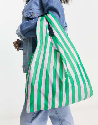 Baggu standard nylon shopper tote bag in pink green awning stripe | ASOS