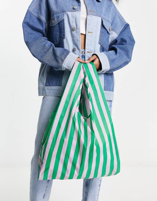 Baggu standard nylon shopper tote bag in pink green awning stripe, 4 of 4