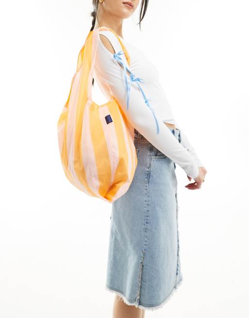 Baggu standard nylon shopper tote bag in tangerine wide stripe